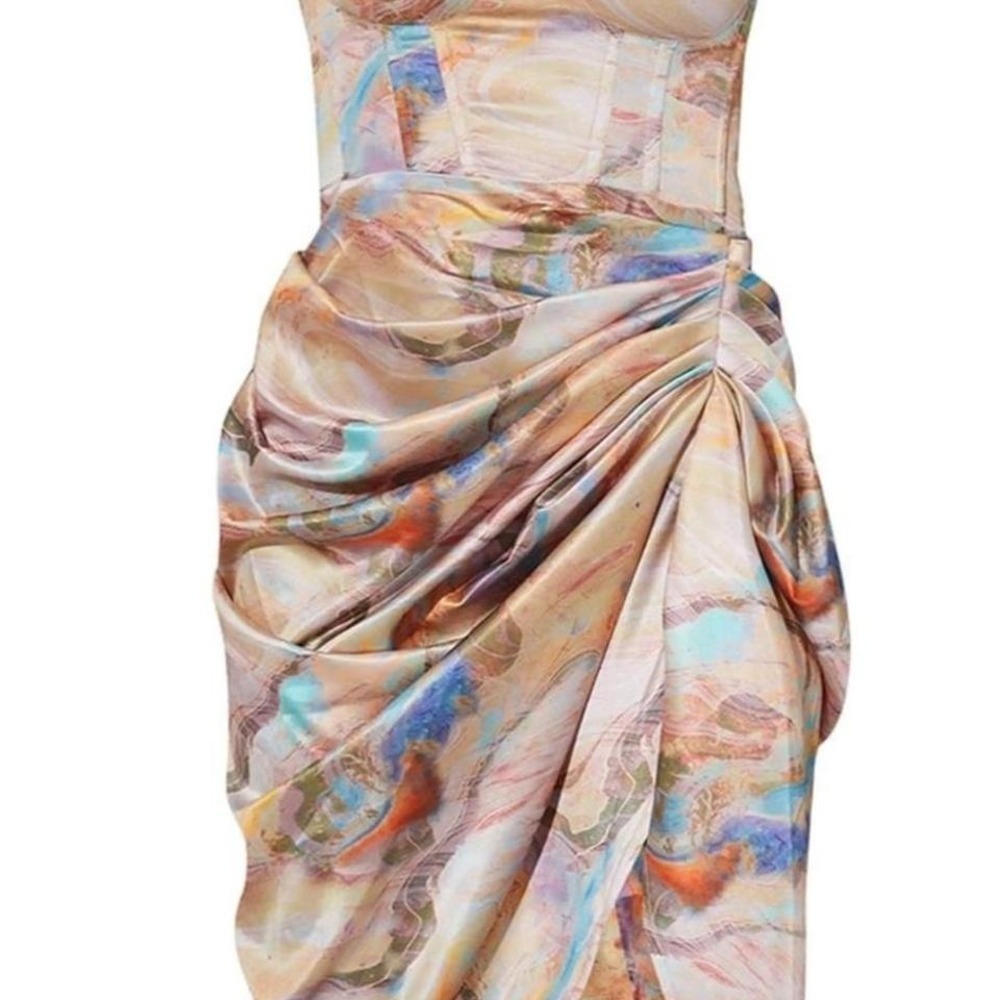 Multi Marble Print Satin Rucked Skirt Corset Midi Dress by PrettyLittleThing